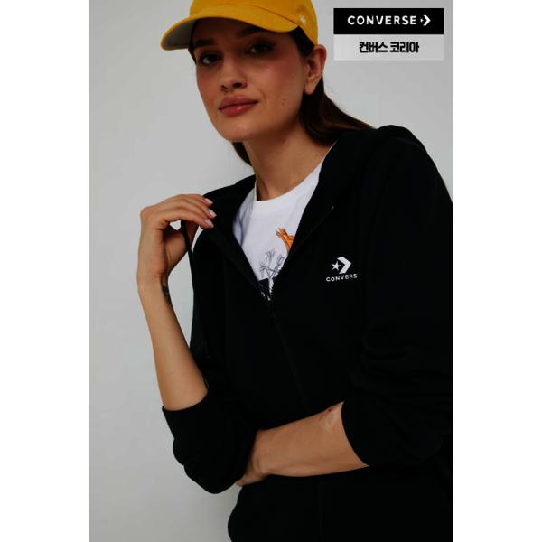 Converse EssenTial Thin Hooded Zip Up Long Sleeve T shirT Black Men woMen sTar 90