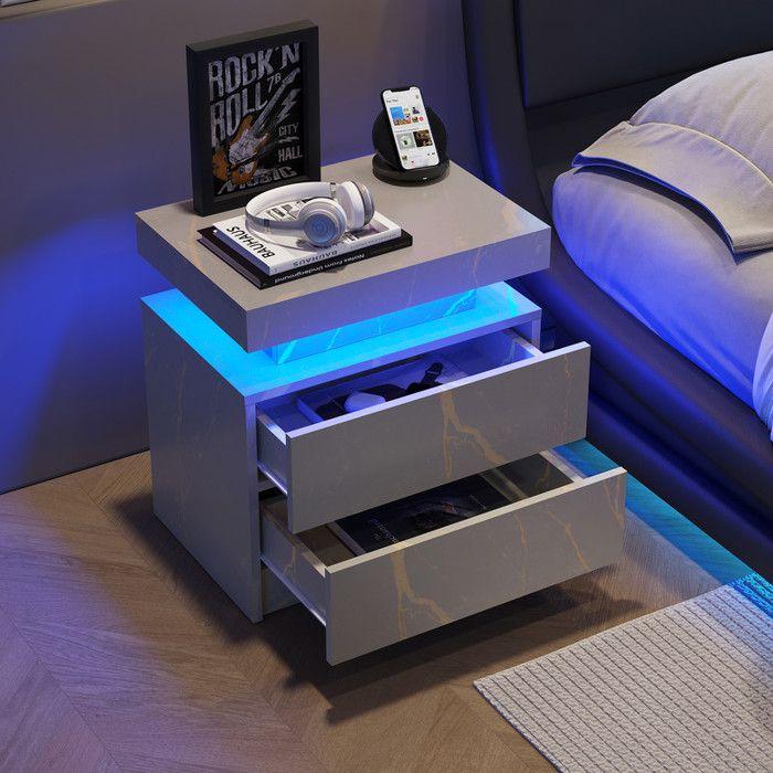 LED Nightstand Bedside Table Modern Luminous Cabinet with 2 Drawers for Bedroom (Gray Gold)