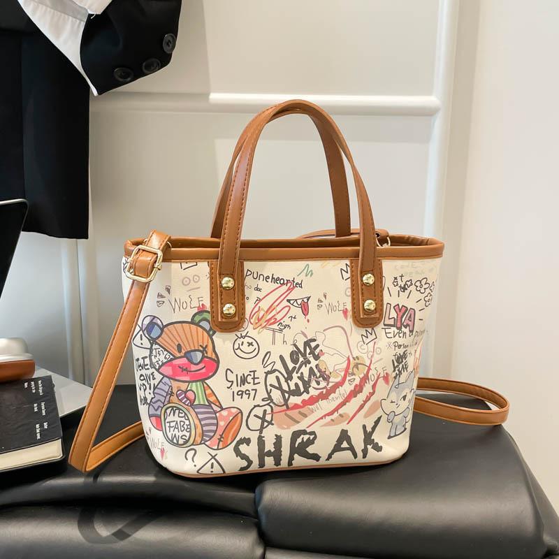 Große Eimer-Tasche aus PU für Damen mit Cartoon-Graffiti-Design, lässiger Streetstyle