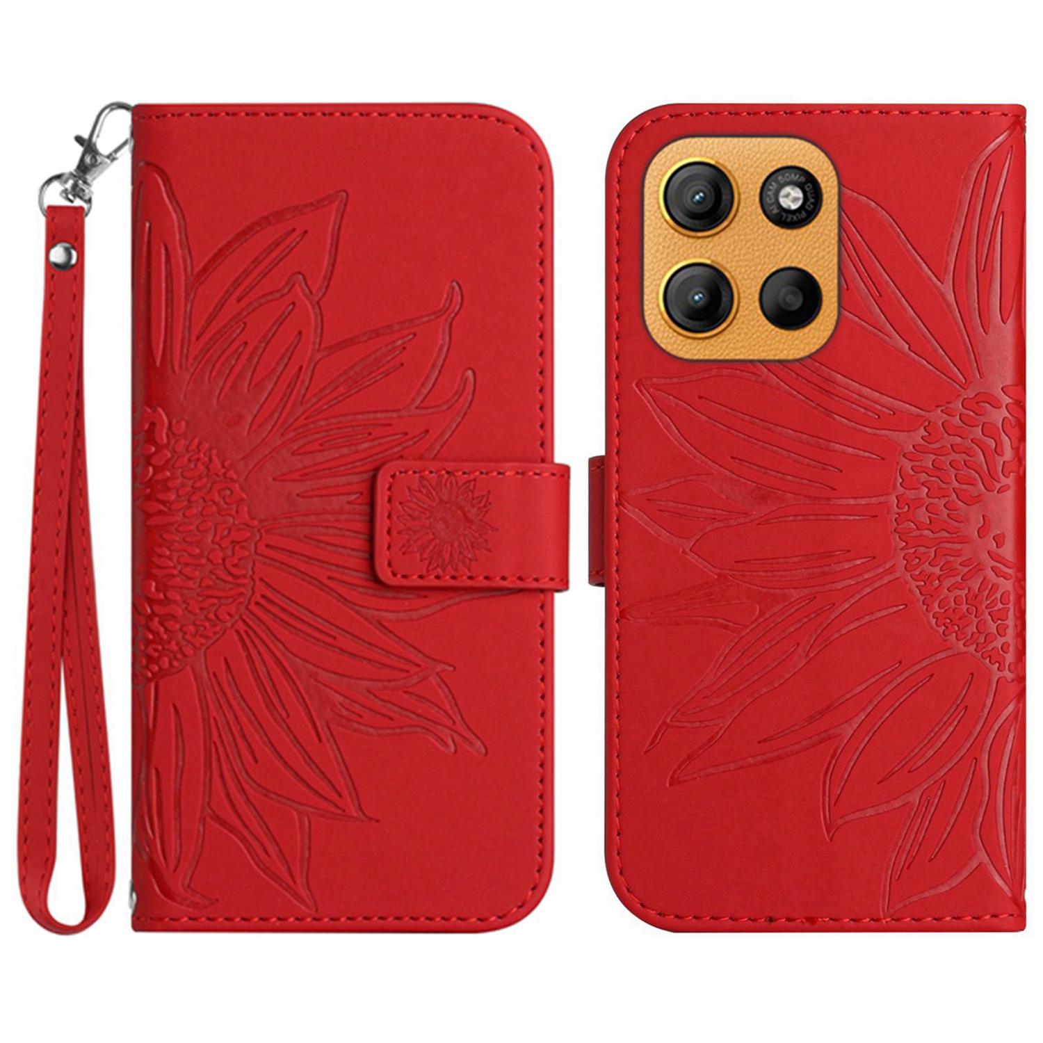 

For Motorola Moto G15 4G Case Sunflower Imprint Leather Wallet Phone Cover with Wrist Strap Red