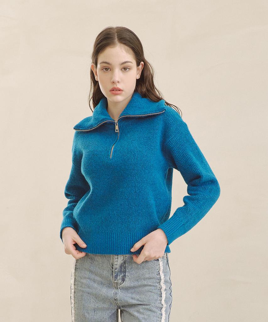 BLOND9 Volume Half Zip Rib Knit Top_Ink Blue