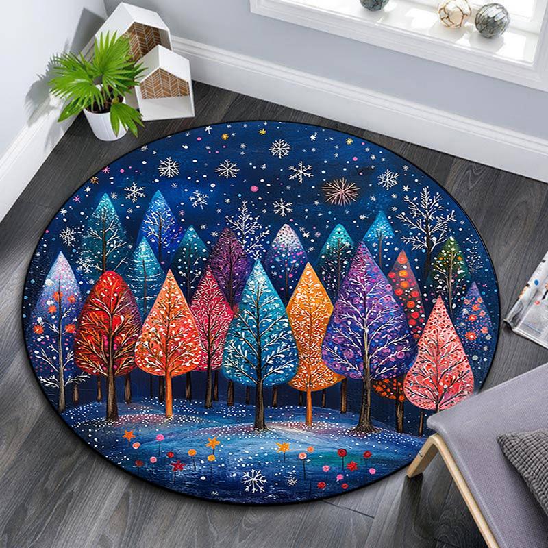 Winter Forest Round Area Rug,Carpet Rug for Living Room Bedroom Sofa Playroom Decor,Non-slip Floor Mat
