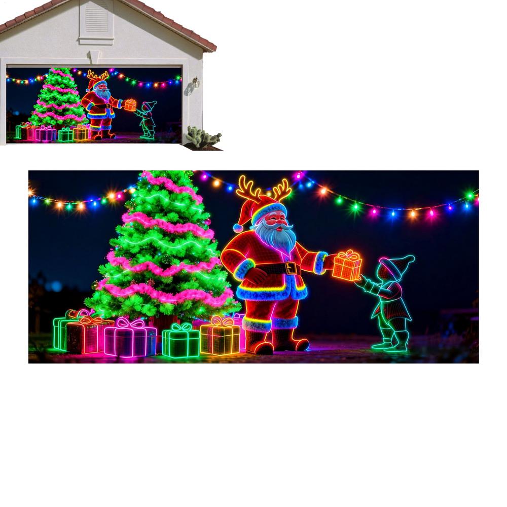 Christmas Garage Door Cover Glows In Dark Fluorescent Santa Backdrop Large Christmas Garage Door Backdrop Decoration For Outside
