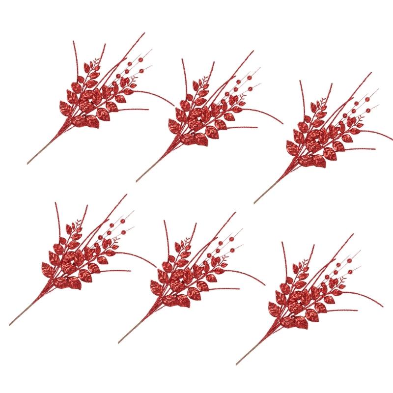6Pcs Decorative Faux Leaves with Berries Gold Powder Coated Leaf and Berries Clusters for Creative Decoration