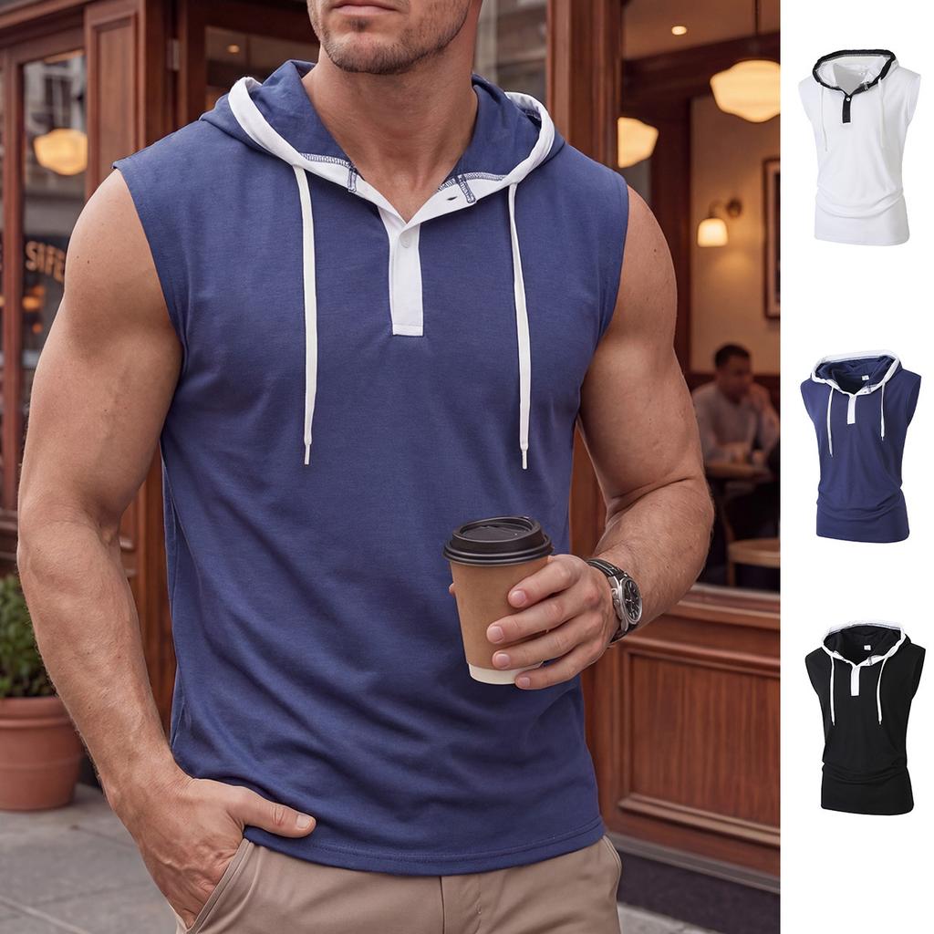 Mens Casual Sleeveless Hooded Solid Pullover Tank Top