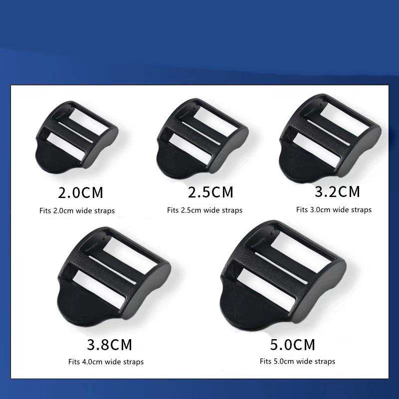 5 Teile/paket Leiter Schloss Schieber Kunststoff Schnallen Rucksack Gurte Schwarz Gurtband 2cm, 2,5 cm, 3,2 cm, 3,8 cm