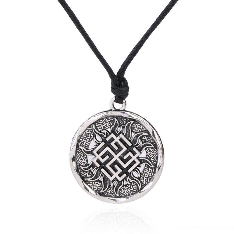 Teamer Wicca Round Necklace Men Norse Viking Runes Tree of Life Seal Pendants Wax Cord Link Chain Men's Necklace Jewelry Gifts