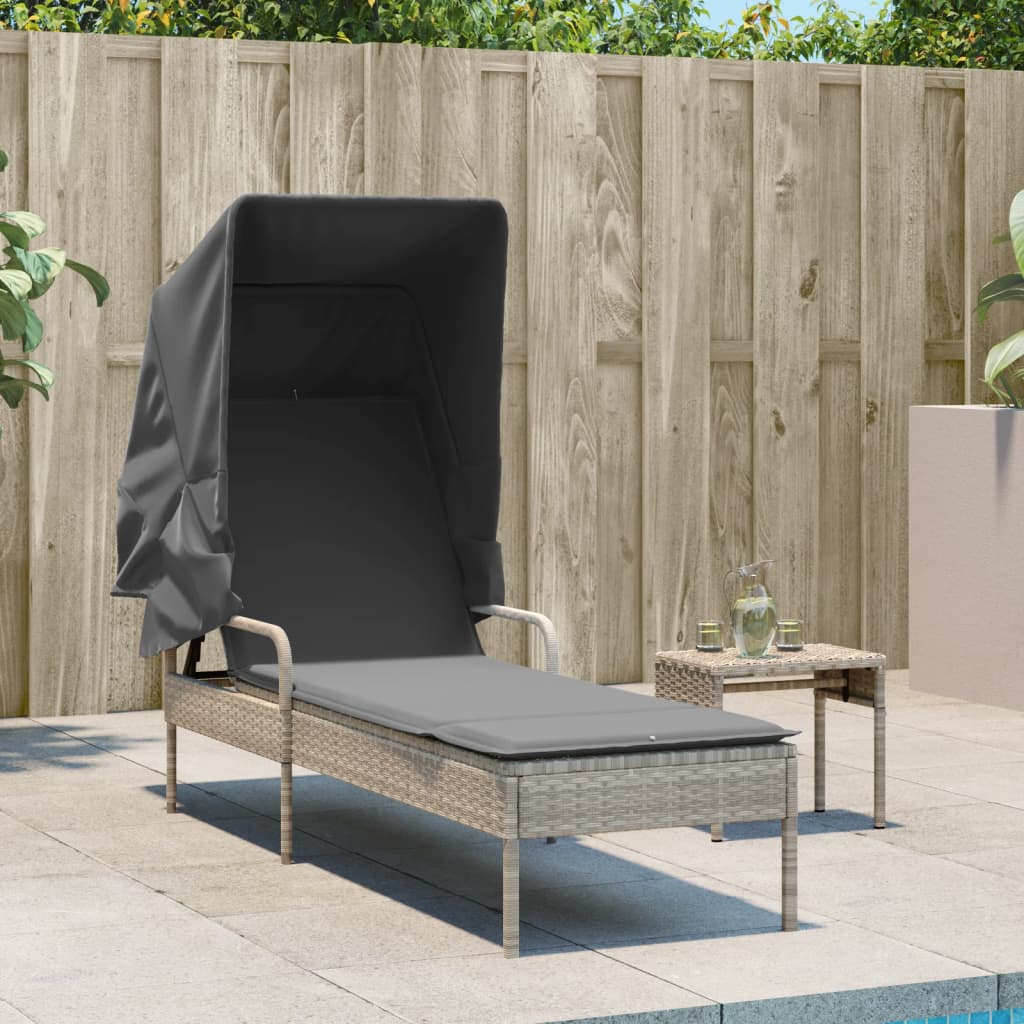 Vidaxl Sun Lounger with Canopy and Cushions, Light Gray, Poly Rattan