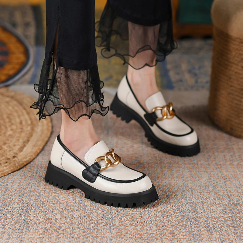 Genuine Leather Slip -On Platform Shoes Casual Loafers Round Toe Shoes Woman Chunky Heel Women Shoes Zapatos De Mujer