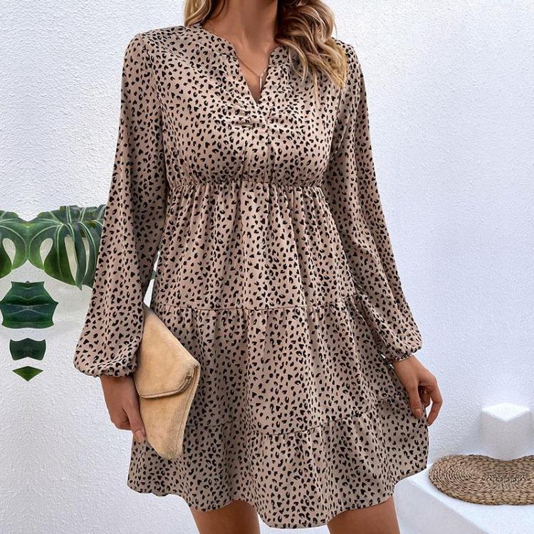 Leopard Print Women's Spring Dress V Neck Lantern Sleeve High Waist Pleated