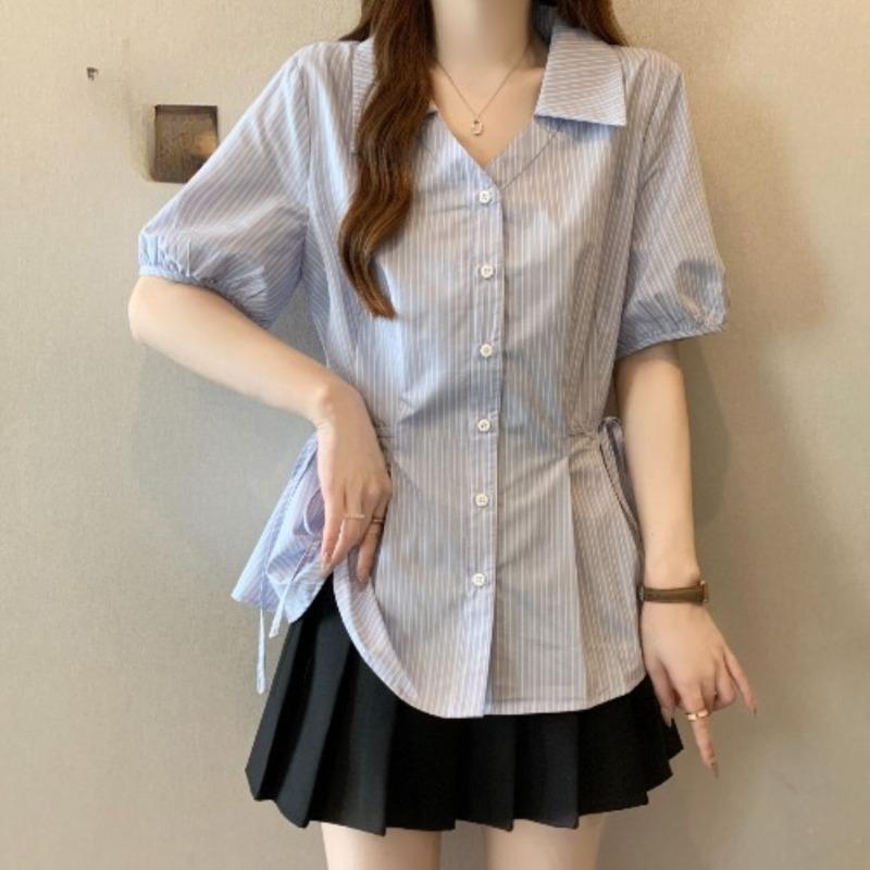 

Полосатый дизайн на талии Женская рубашка Шикарный дизайн лацканов Однобортные топы с короткими рукавами Корейская элегантная женская одежда One Size синий