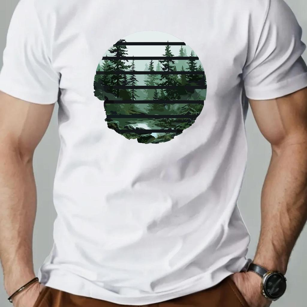 Men Forest Scene Graphic Tee Casual Summer Crew Neck Short Sleeve T-Shirt Cotton Breathable Clothing