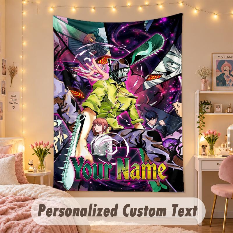 Custom Personalized Tapestry,Chainsaw Man Print Custom Name Text Wall Art Hanging for Bedroom