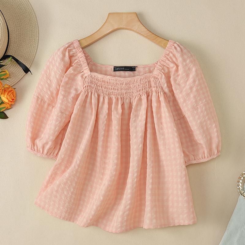 

ZANZEA Женская повседневная блузка с квадратным воротником и коротким рукавом в сетку L розовый