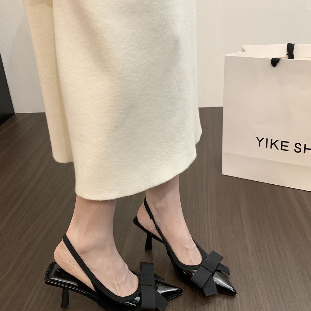 Fairy Bow Pink High Heels Bag Head Sandals Female Pointed Celebrity Temperament Single Shoes