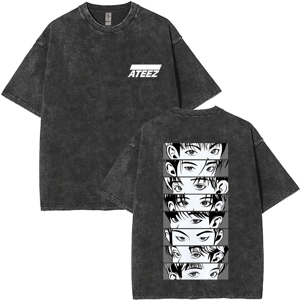 Washed Vintage Kpop ATEEZ "FlX ON" Merch T-shirt Men Women Korean Fashion Trend T Shirts Men's Casual Oversized Cotton T-shirts