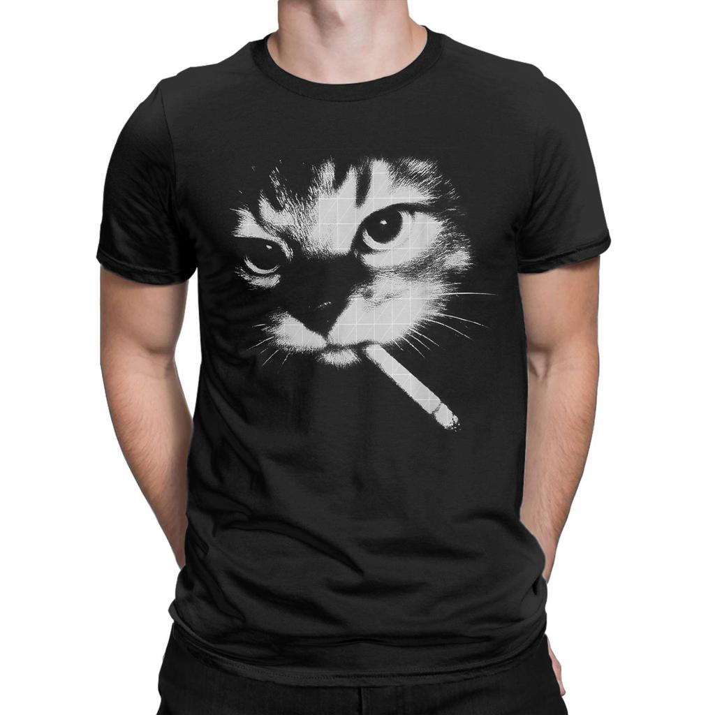 Man T Shirt Funny Smoking Black Cat Face Meme T-Shirts Fashion Summer Tee Shirt Awesome Printed Pure Cotton Tops Plus Size