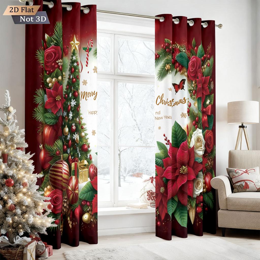 2pcs Christmas tree color ring print blackout curtain with insulation multi size living room holiday decoration machine washable