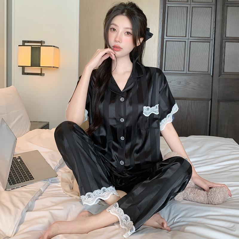 Sweet And Cool Girl Ice Silk Pajamas Women'S Summer Short-Sleeved Trousers Casual Lazy Style Loungewear Can Be Worn Outside