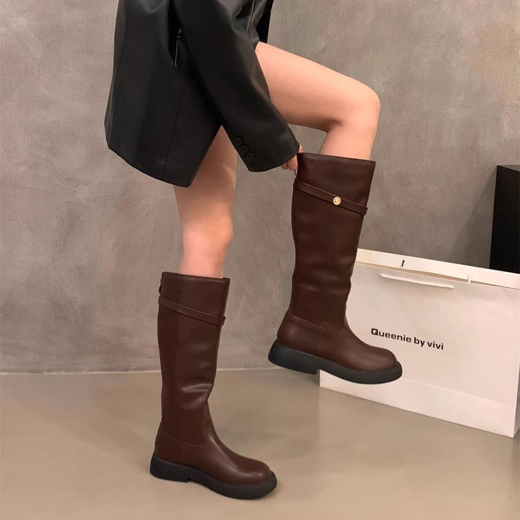 Thick-soled Small Man Black Medium Tube Knight Boots Women's Shoes 2025 New Spring, Autumn and Winter Thin Version Long Tube Long Boots