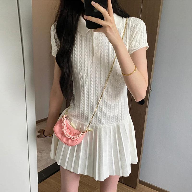 Women's White Cable Knit Patchwork Dress with Polo Collar and Pleated Skirt – Slim Fit Summer Mini Dress