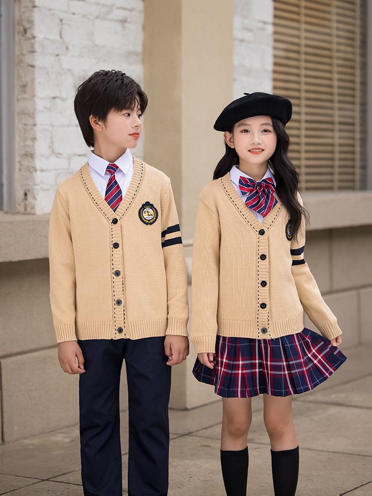Children's British School Cardigan Three-Piece Set: Spring/Autumn Uniform for Primary and Kindergarten
