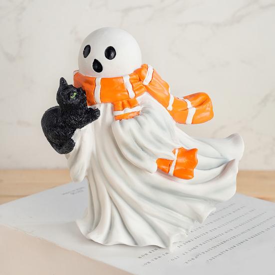 Halloween Ghost Figurine Resin Ghost And Black Cat Statue Desktop Ghost Wearing Scarf Ornament for Mantel Cabinet Shelf