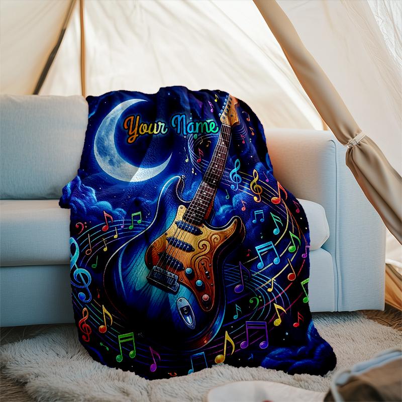 1PC Custom Name "Night Sky Guitar Melody" flannel blanket versatile,all-season throw suitable for the living room,bedroom,camping,travel,and gift