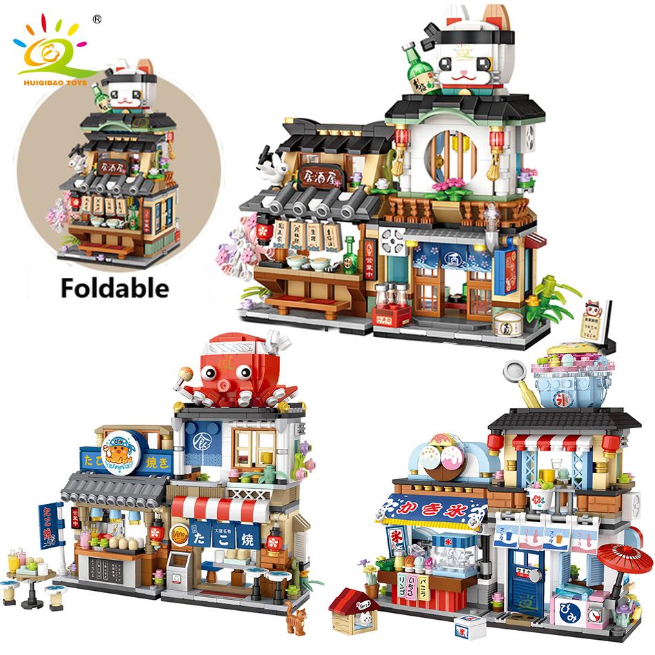 Non-Toxic City Mini Chinese Street View Grocery Store Meat Shop Building Blocks Japanese Food Ice Shop Figures Bricks Toys Child