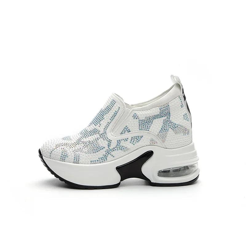 Fashion 2025 New Women's Casual Shoes with Increased Height Inside Thick-Soled Diamond Sports Running Shoes, White Sneakers and Wedges
