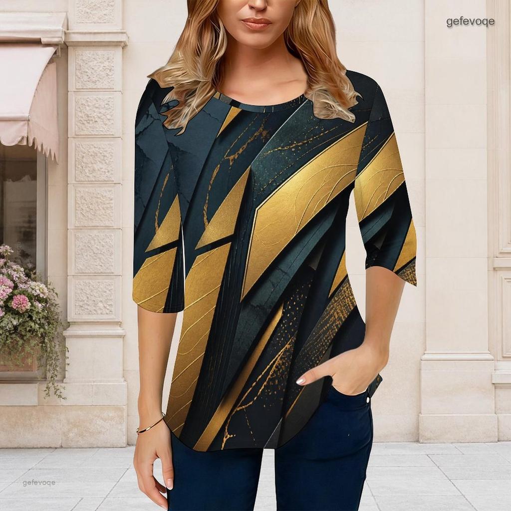 Women Plus Size Round Neck Three Quarter Sleeve Abstract Printed Off White T Shirt