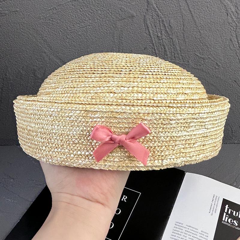 

Ins Bow Natural Wheat Straw Hand Woven Berets Women Bohemian Sun Hat Circle Concave Top Straw Hat Church Derby Party Beach Hat 56-58cm