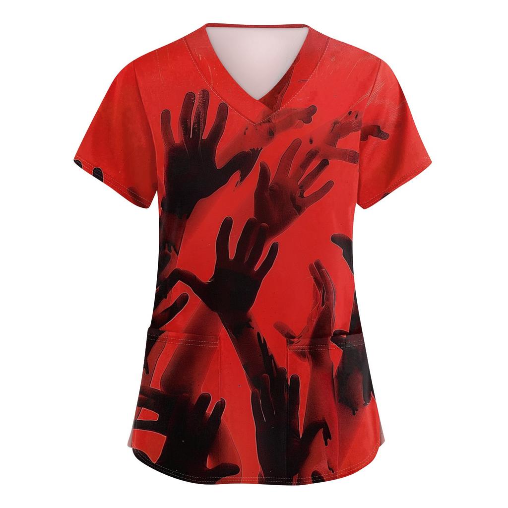 Women's V-neck Halloween Printed Short-sleeved Pocket Side-slit Protective Suit Top
