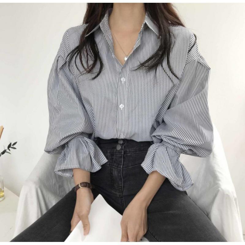 Korean Women's Retro Striped Lantern Sleeve Chic Top
