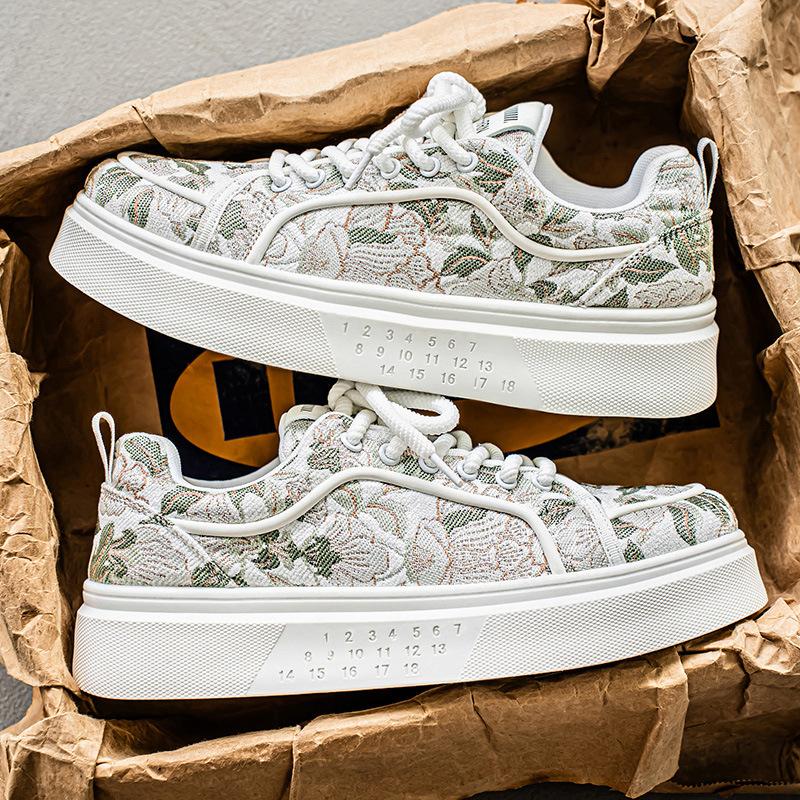 Spring Shoes for Men Canvas Casual Platform Shoes Trend Flowers Print Flat Skateboard Shoes Youth Lace-up Sneaker