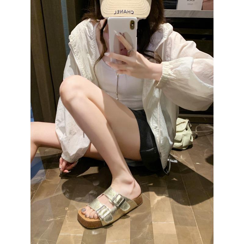 Da Mimi Bokenxia one-word soft leather burst pattern thick bottom cool slippers wear beach girl