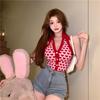 Summer 2024 Red Heart Print Halter Backless Knit Tank Top for Women