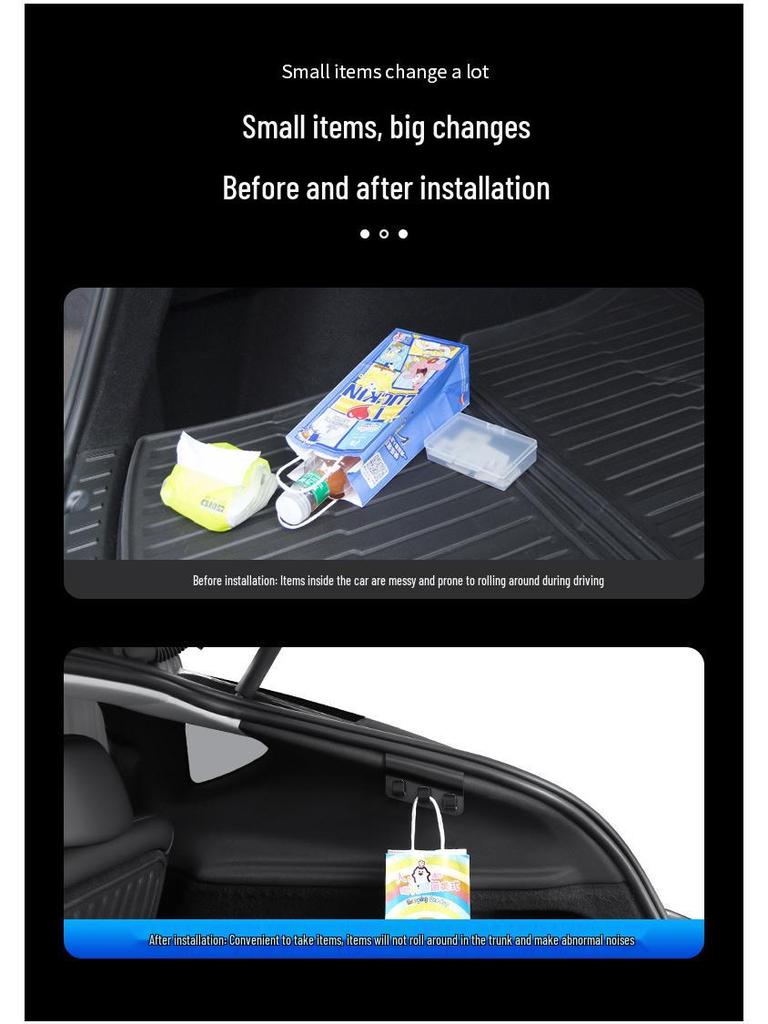 Háčky pro zavěšení v kufru a boční úložné háčky Tesla Model Y