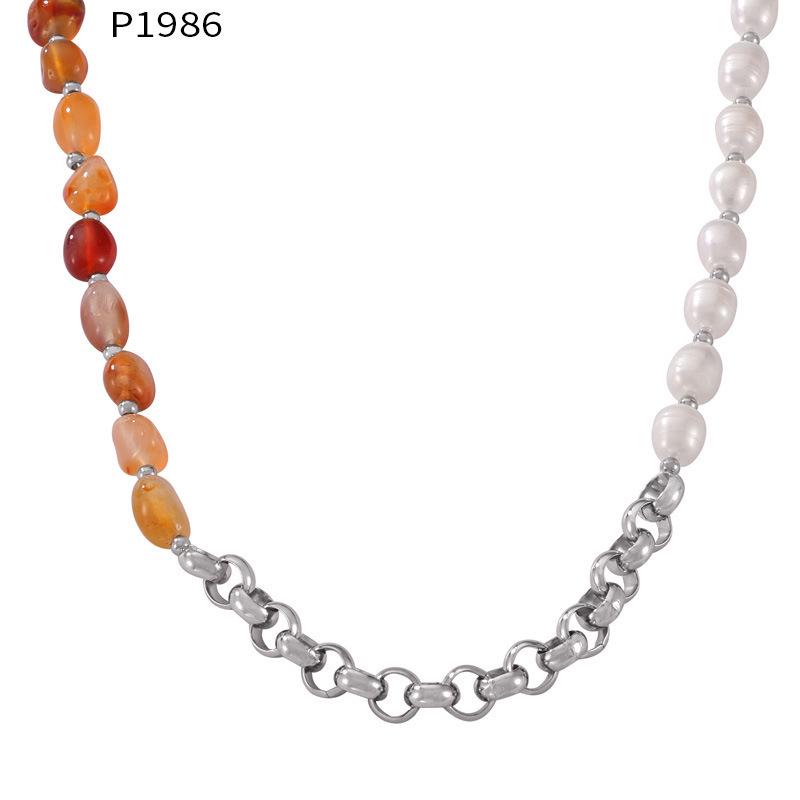 Elegant 18k Gold-Plated Titanium Necklace: Natural Stone, Pearl Beads & O-Chain
