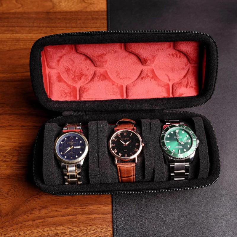 3 Slots Watch Travel Case, Travel Watch Organizer Case with Soft Foam Pillow, Durable Red Microfiber Lining,Sleek Des