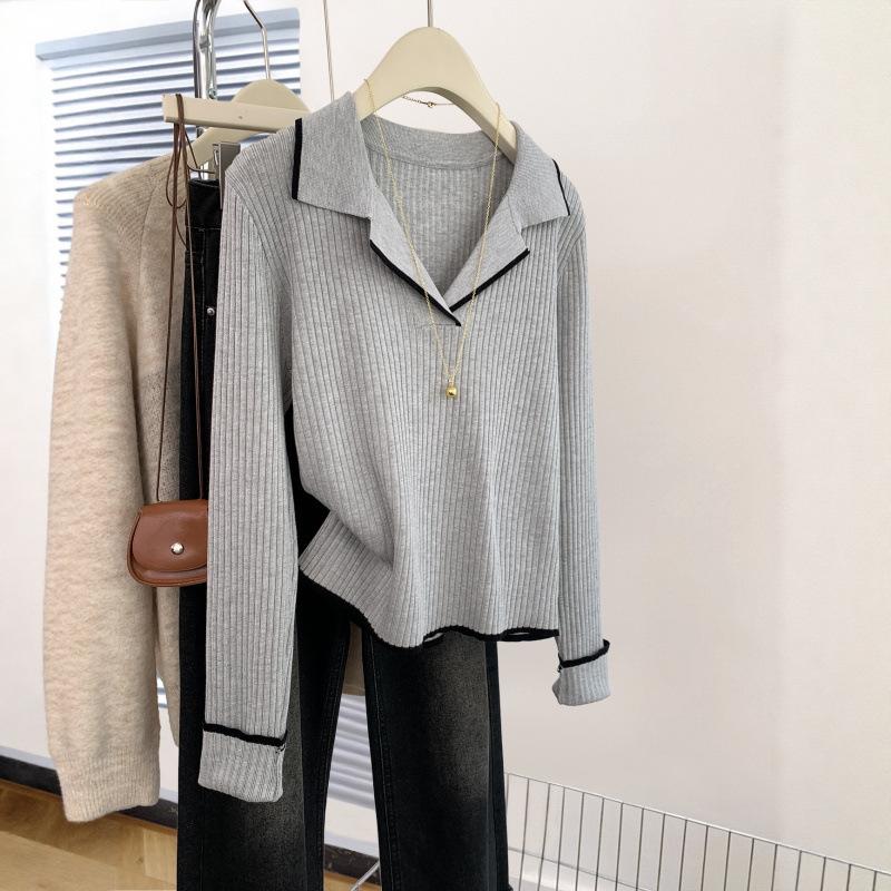 Gray lapel bottom knitted sweater women's autumn and winter new Korean version v-neck inner sweater top spring
