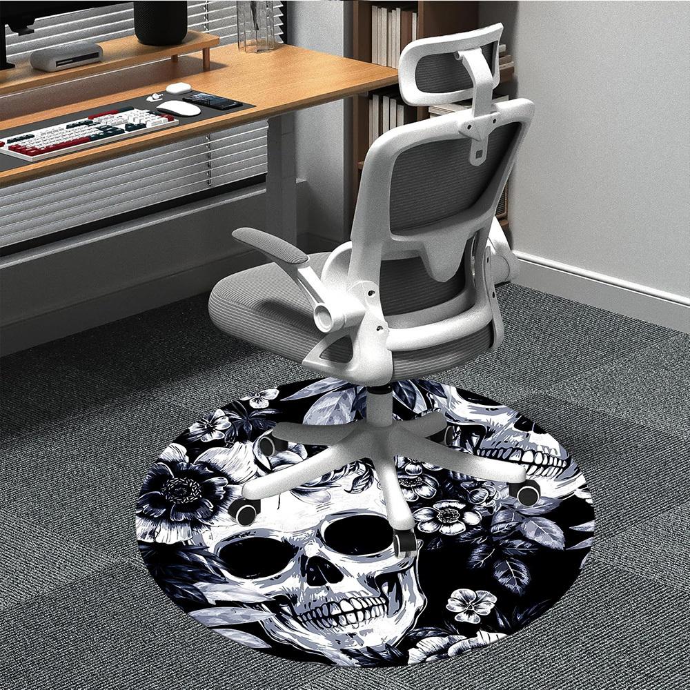 

1pc Skull Floral Pattern Chair Carpet for Office, Round Polyester Mat, Indoor Decor for Office, Easycare Fabric, Washable Non-slip Area Carpet 80cm