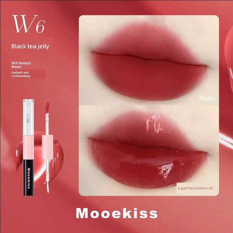 Pink Blue Limited Edition! Mooekiss Double-Ended Lip Glaze, Lip Mud, Lip Cream, Non-Stick Cup W2 Guava Peach Bb01