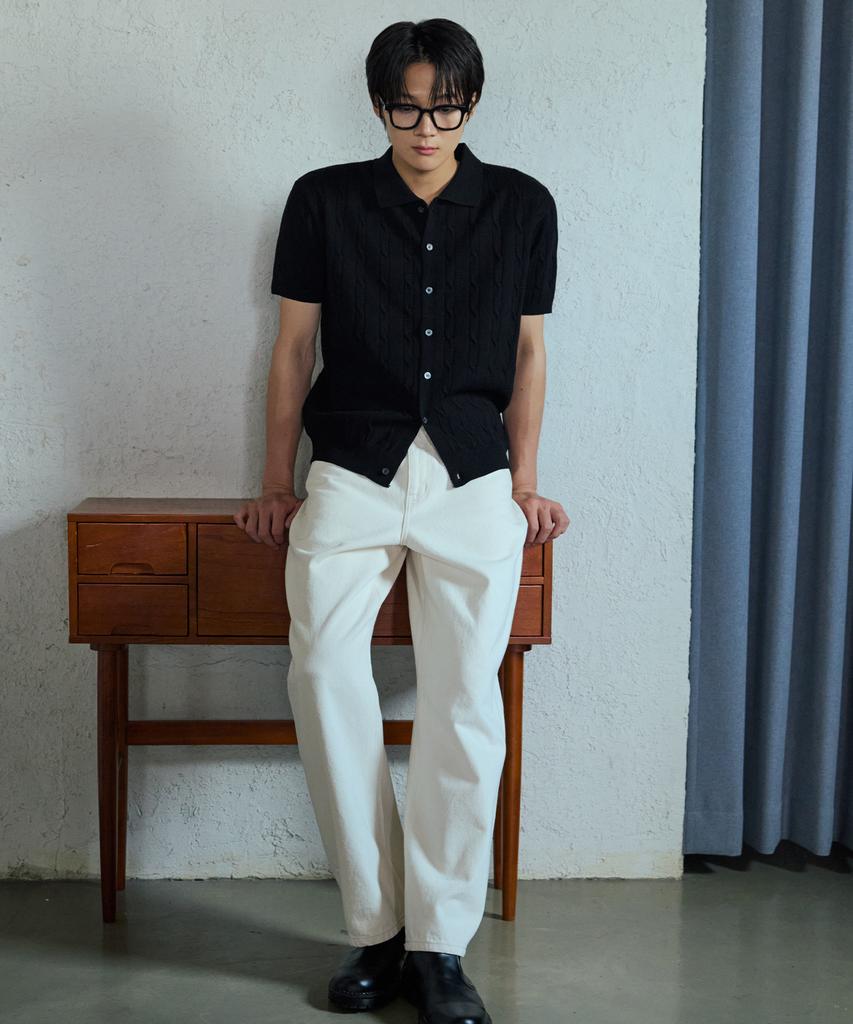 Nodu Collar Cable Viscose Short Sleeve Cardigan [Black]