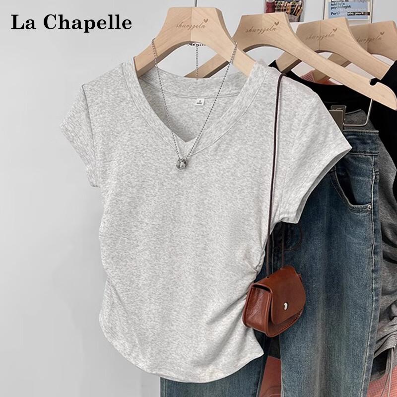 La Chapelle 2025 Damen V-Ausschnitt Falten Slim-Fit Kurzarm T-Shirt