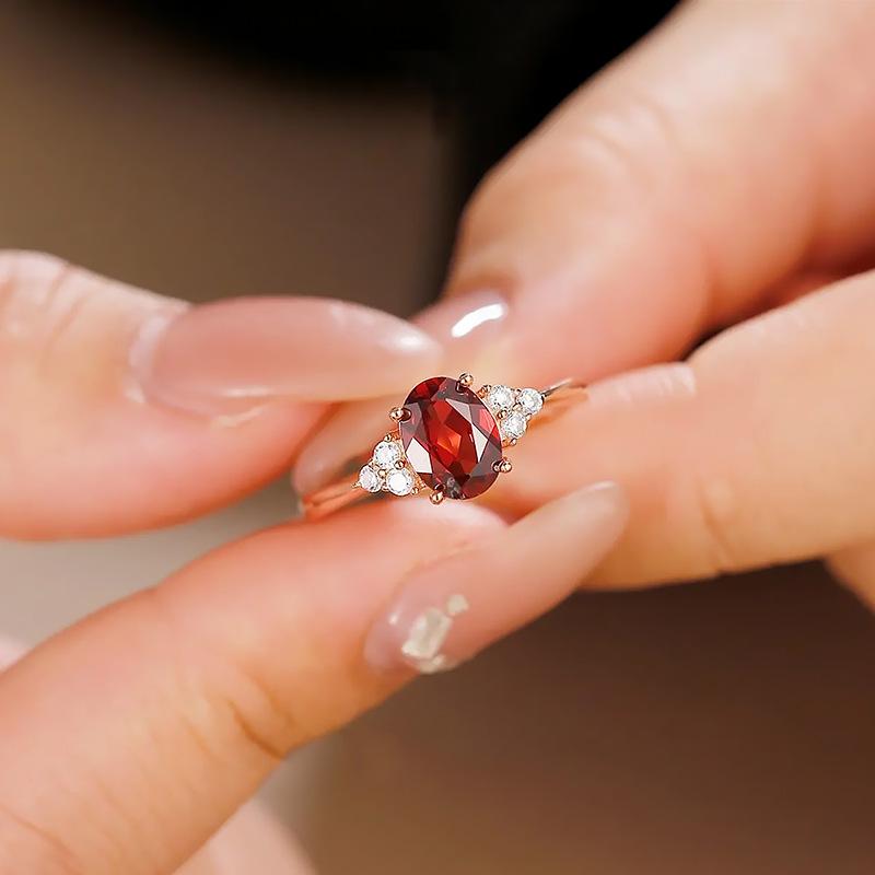 Prsten z imitace přírodního červeného granátu pozlacený růžovým zlatem, dámský jednoduchý poklad vykládaný zirkonovým diamantem