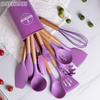 12pcs Wooden Handle Kitchen Utensils Set Silicone Heat Resistant Baking Shovel Eco-Friendly with Storage Bucket