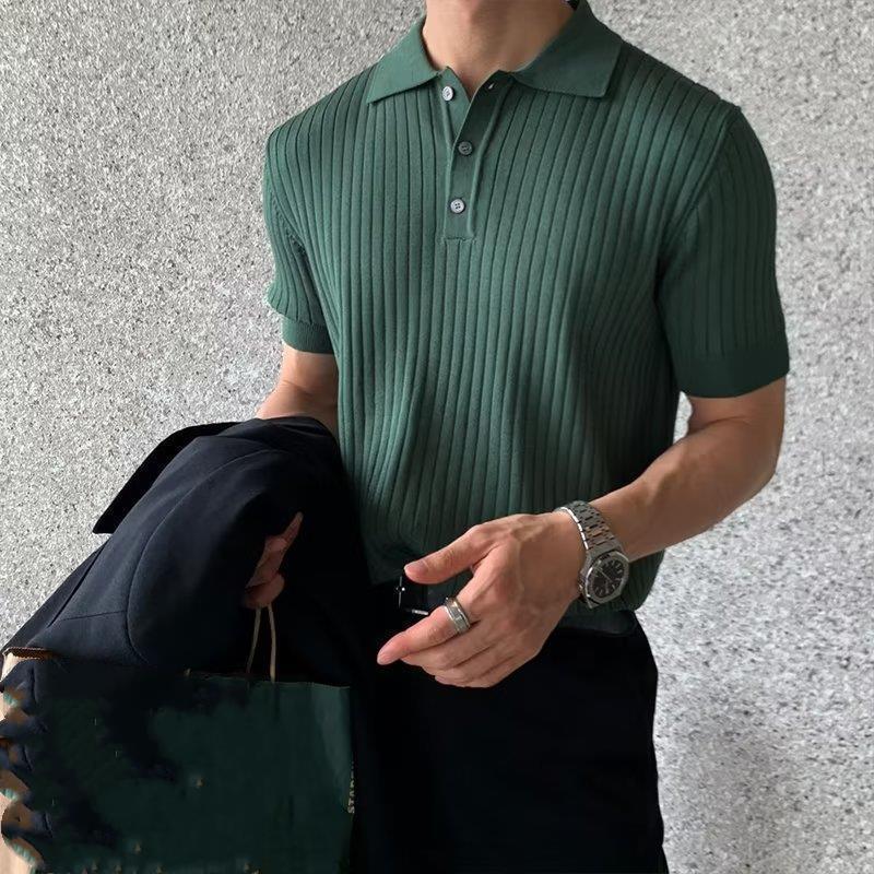 T-shirt estiva da uomo in maglia slim a maniche corte retrò con texture a maglia a maniche corte