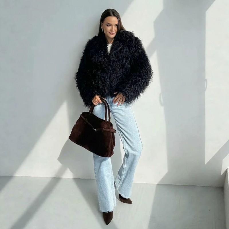 Womens Short Faux Fur Coat Turn-down Collar Pockets Sweet Elegant Style 2026