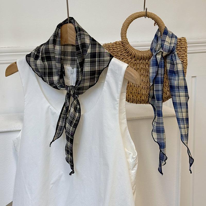 New retro versatile plaid triangle scarf, headscarf, silk scarf for women's light and thin neck protection and waist multi-purpose scarf